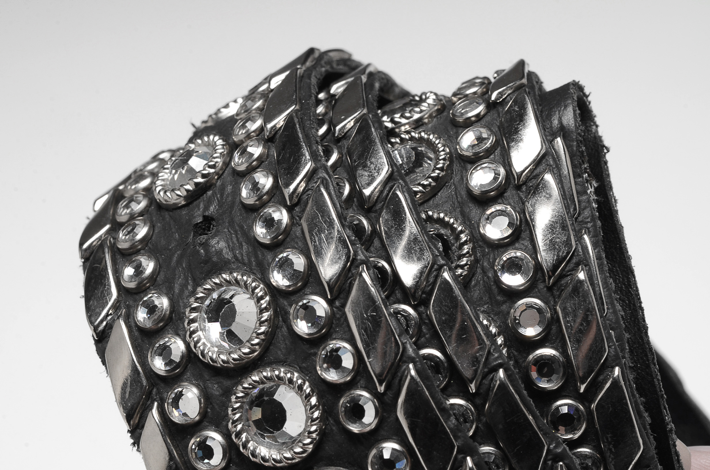 Kippy's of California Black Leather Belt with Silvertone Studs and Crystal Rhinestones