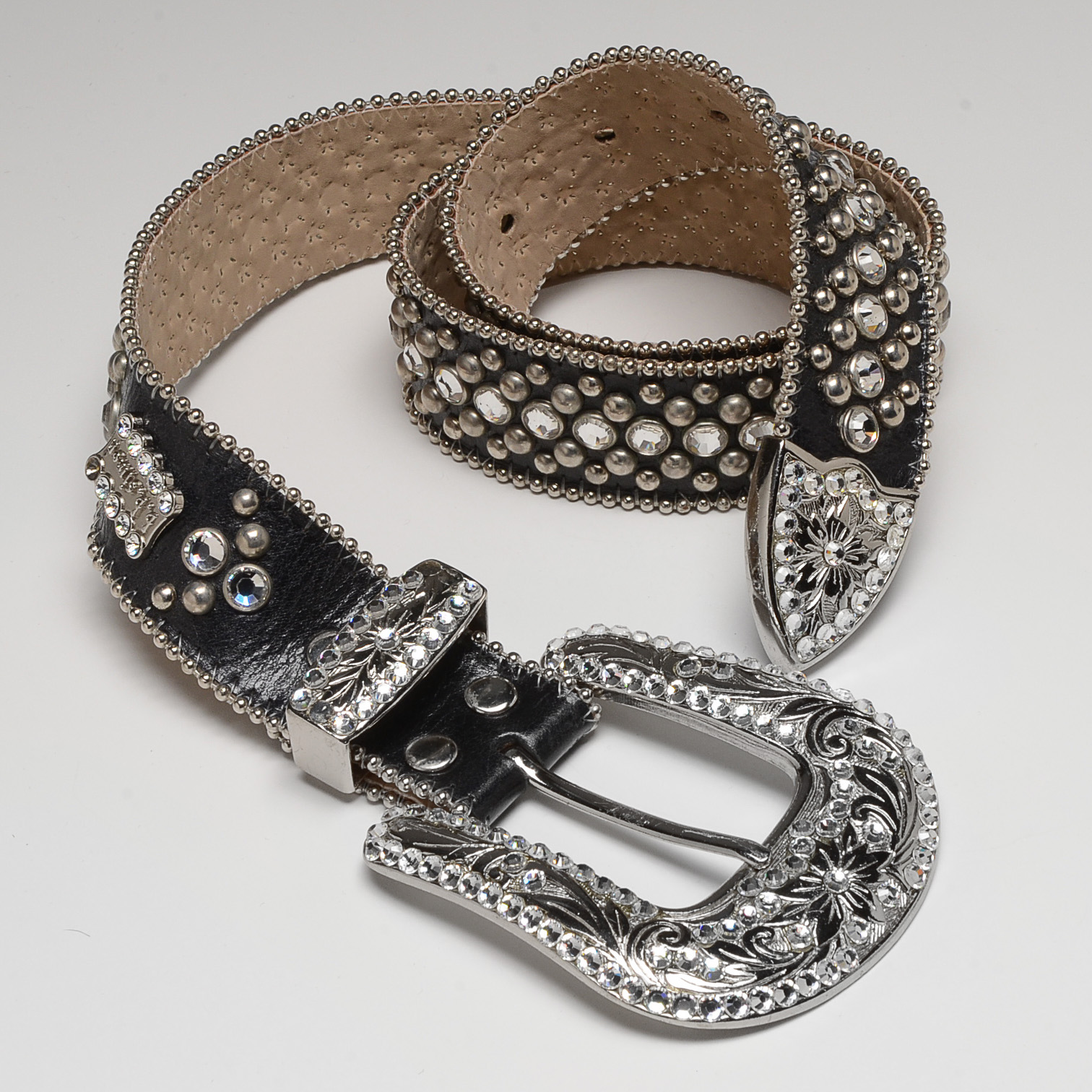 B.B. Simon Black Leather Belt Embellished with Crystal Rhinestones and Studs