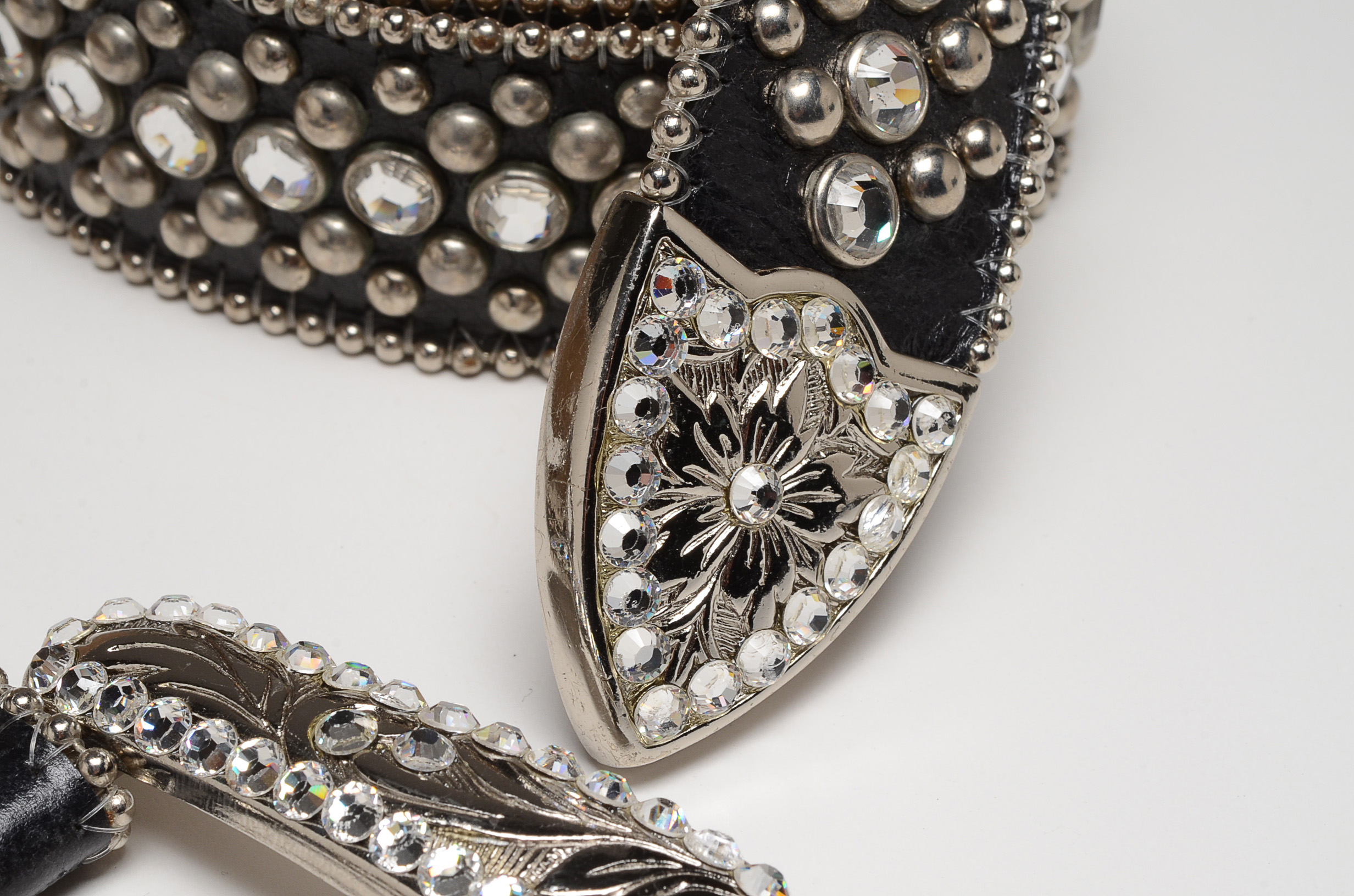 B.B. Simon Black Leather Belt Embellished with Crystal Rhinestones and Studs