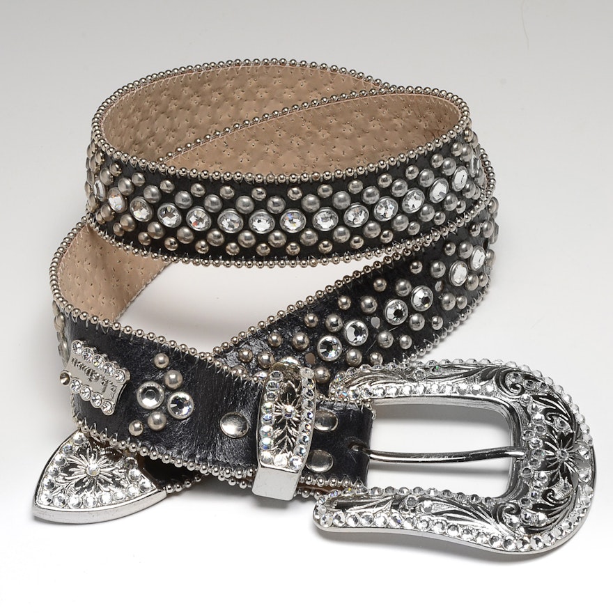 B.B. Simon Black Leather Belt Embellished with Crystal Rhinestones and Studs