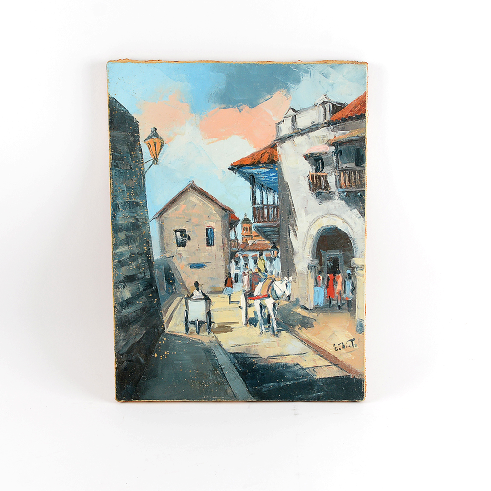 Original Signed Oil Painting of a Village Street Scene