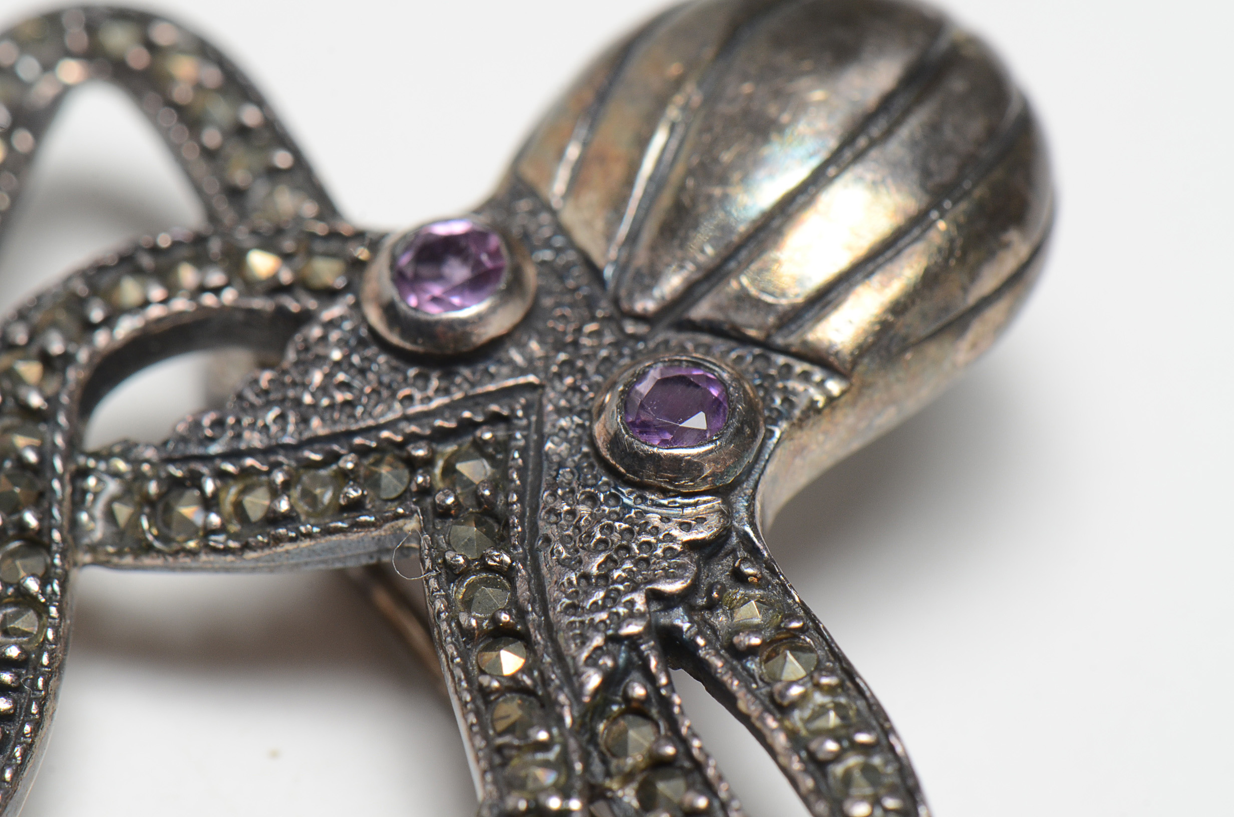 Sterling Silver Octopus Pin with Marcasites and Amethyst Eyes