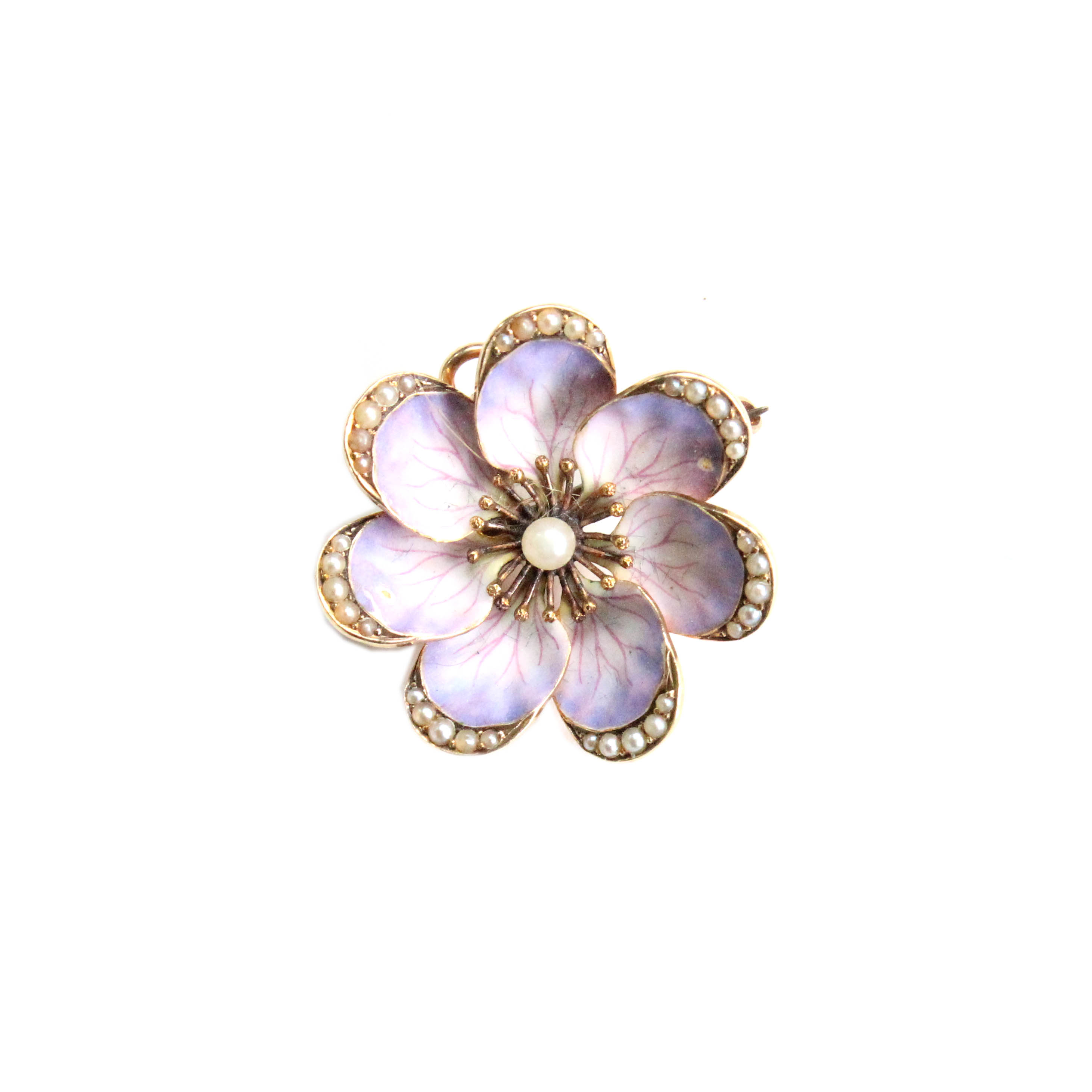 Antique 14K Yellow Gold Watch Pin and Pendant with Enamel Flower and Pearls