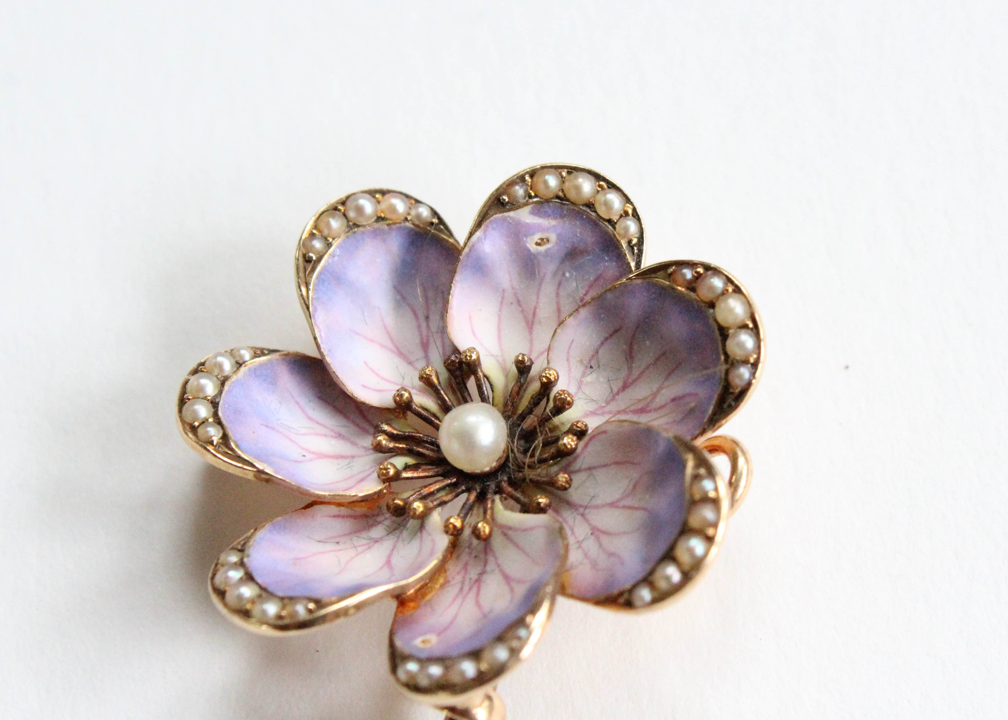 Antique 14K Yellow Gold Watch Pin and Pendant with Enamel Flower and Pearls