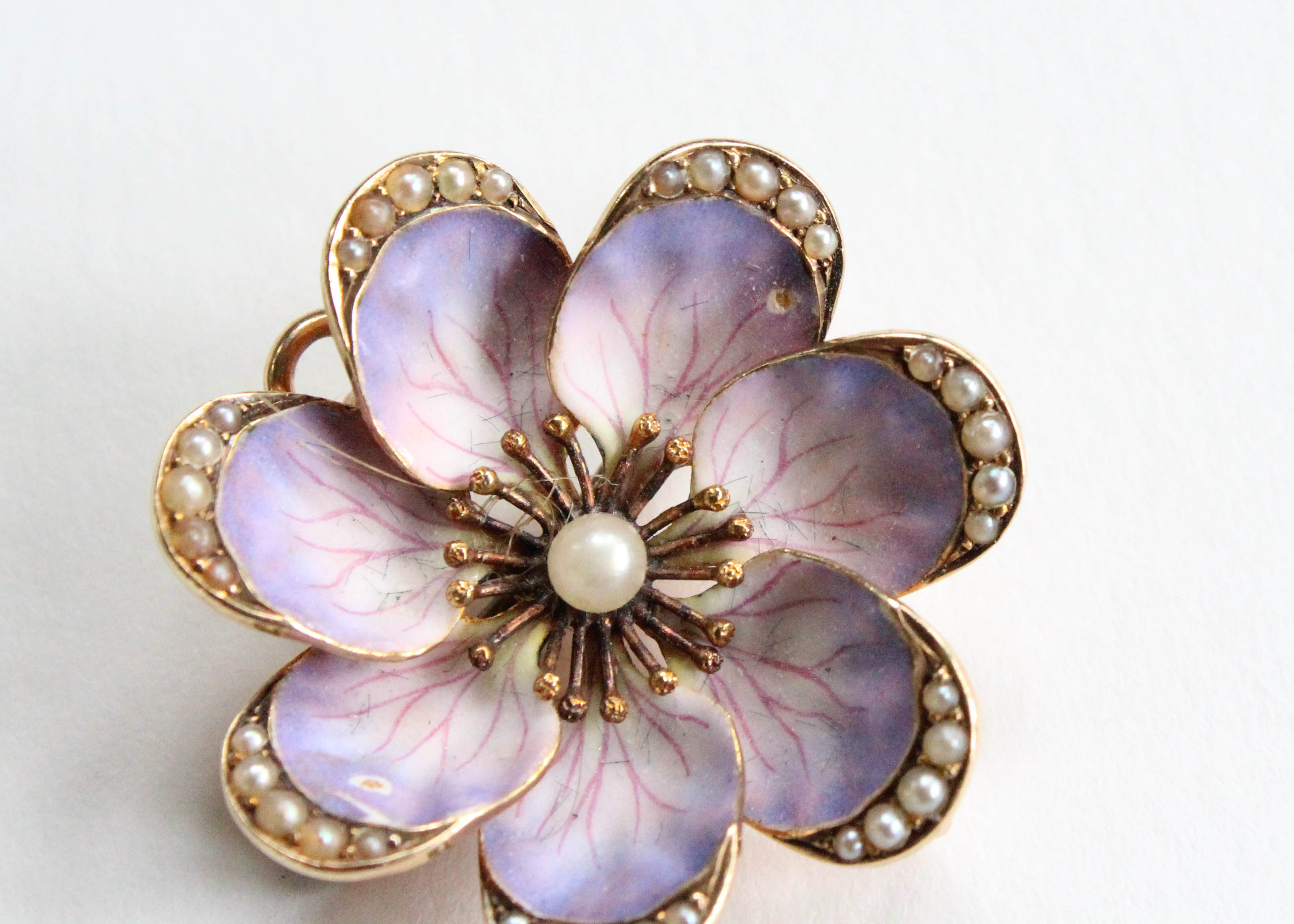 Antique 14K Yellow Gold Watch Pin and Pendant with Enamel Flower and Pearls