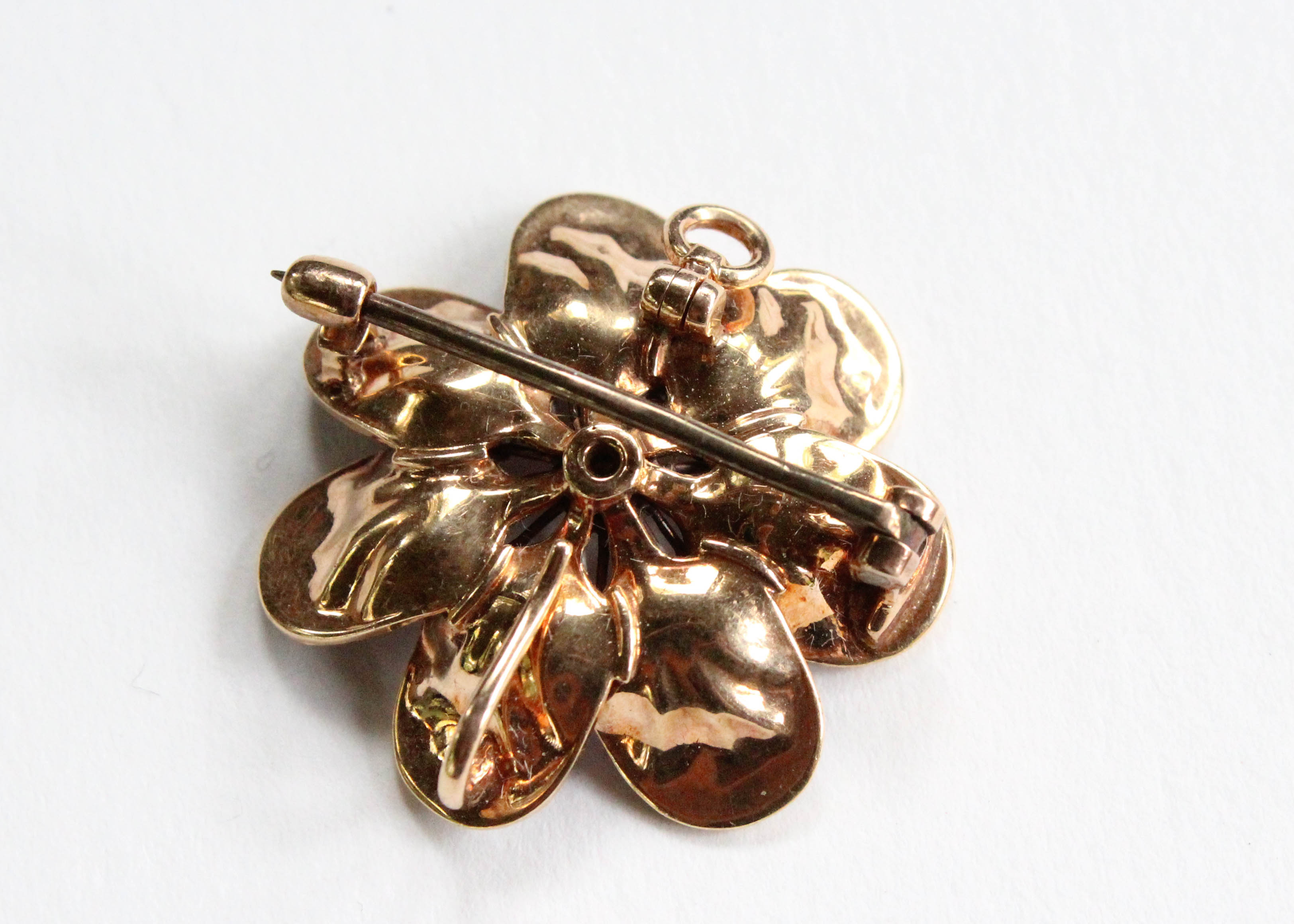 Antique 14K Yellow Gold Watch Pin and Pendant with Enamel Flower and Pearls