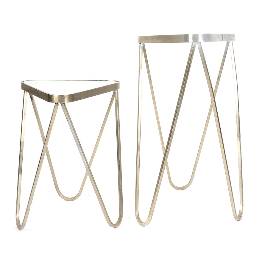 Pair of Triangular Metal and Glass Accent Tables