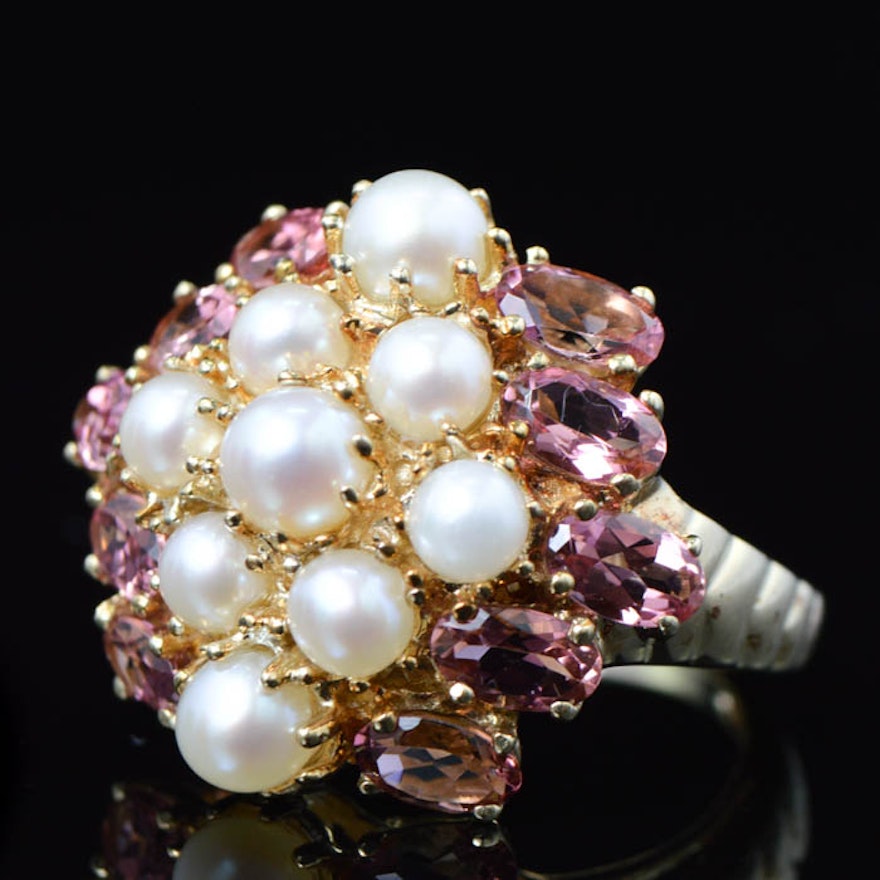 10K Yellow Gold Pink Tourmaline and Pearl Cocktail Ring