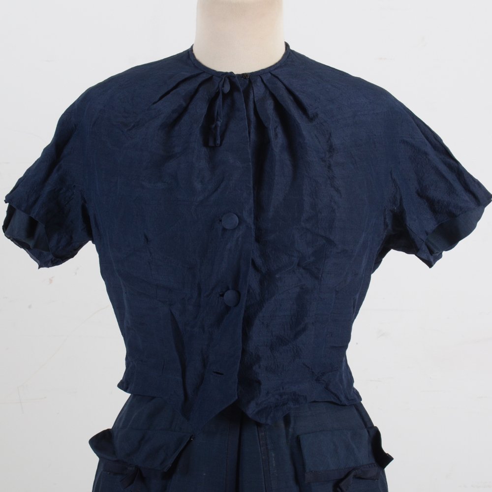 1940s Vintage Bonwitt Teller Navy Raw Silk Dress