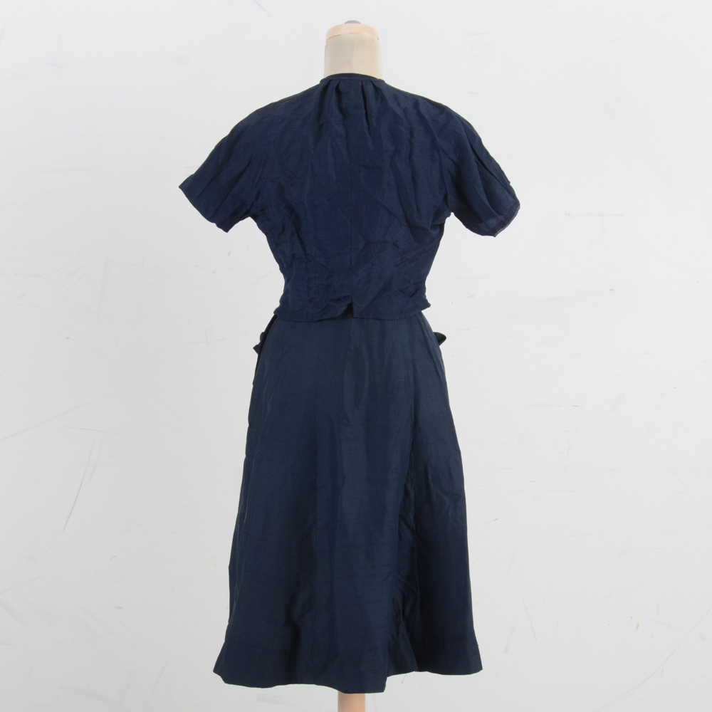 1940s Vintage Bonwitt Teller Navy Raw Silk Dress