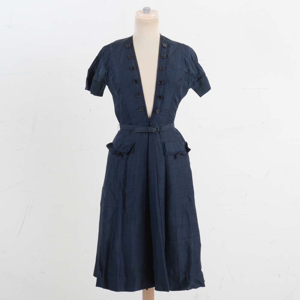 1940s Vintage Bonwitt Teller Navy Raw Silk Dress