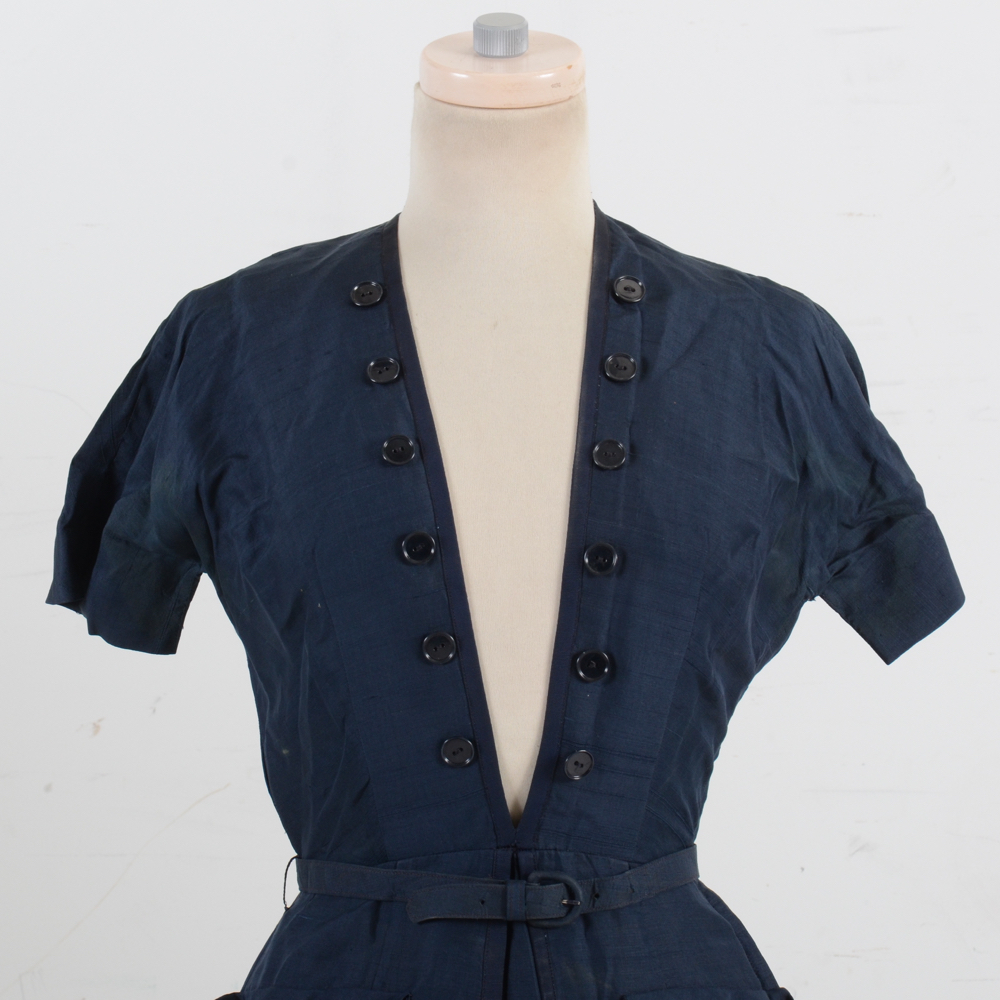 1940s Vintage Bonwitt Teller Navy Raw Silk Dress