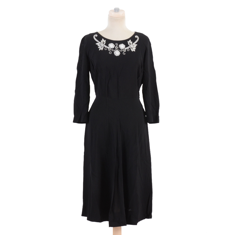1940s Vintage Black Crepe Beaded Dress