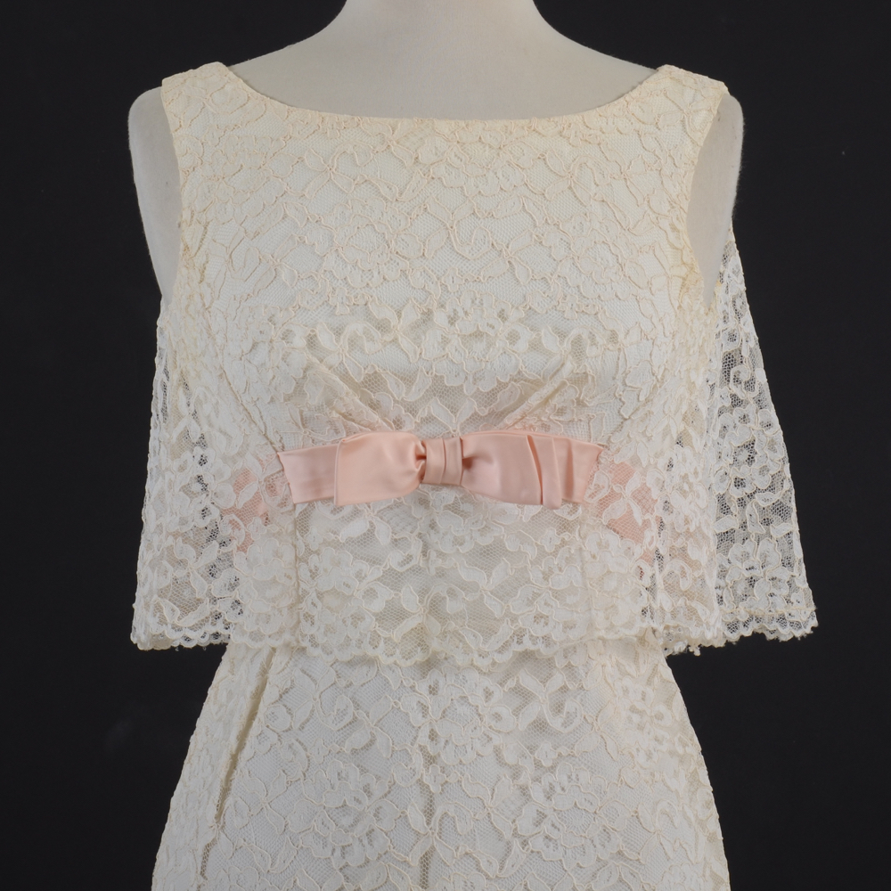 1960s Vintage Sleeveless Lace Formal Dress with Pink Satin Bow