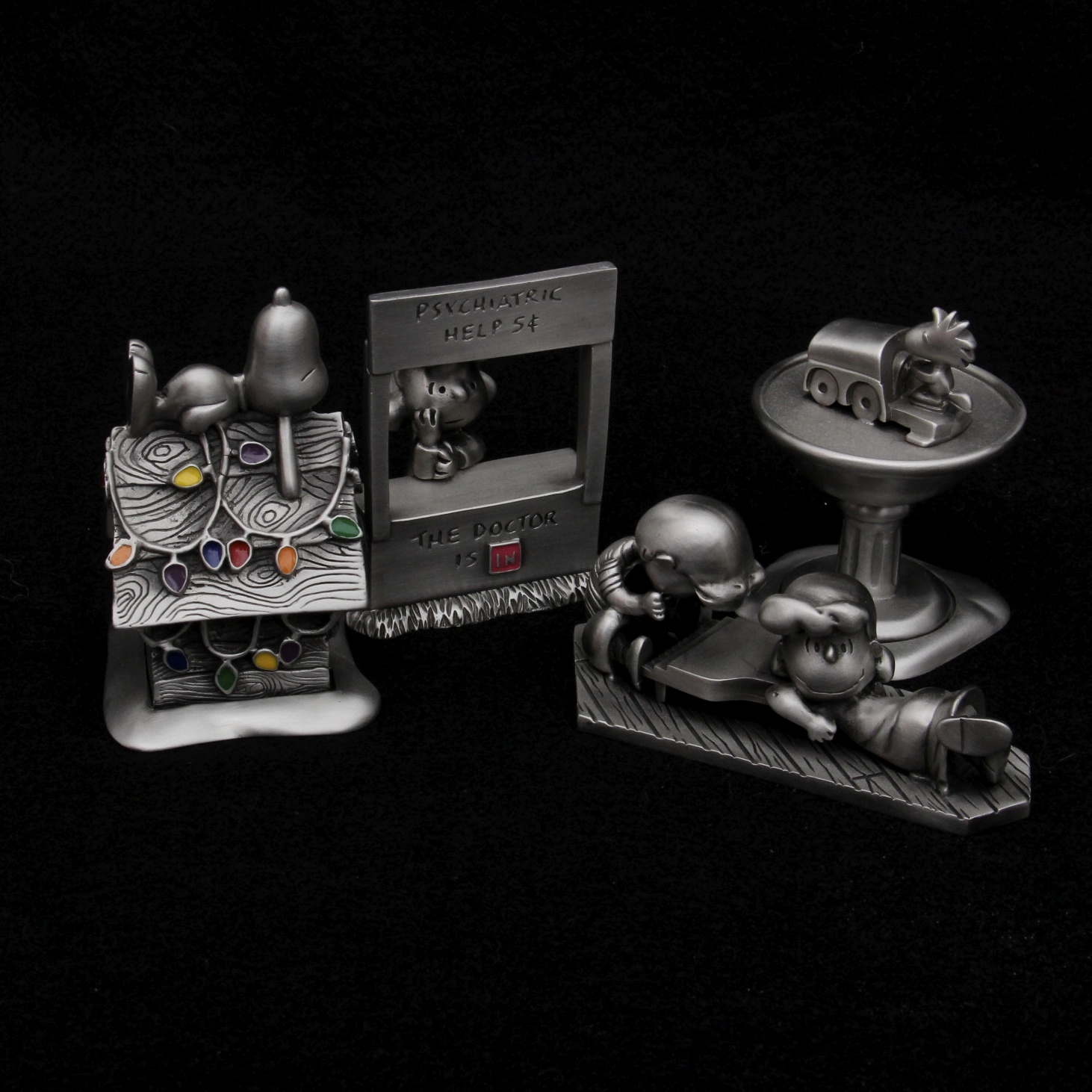 Limited Edition Randi Johnson Snoopy, Lucy and Woodstock Pewter Sculptures