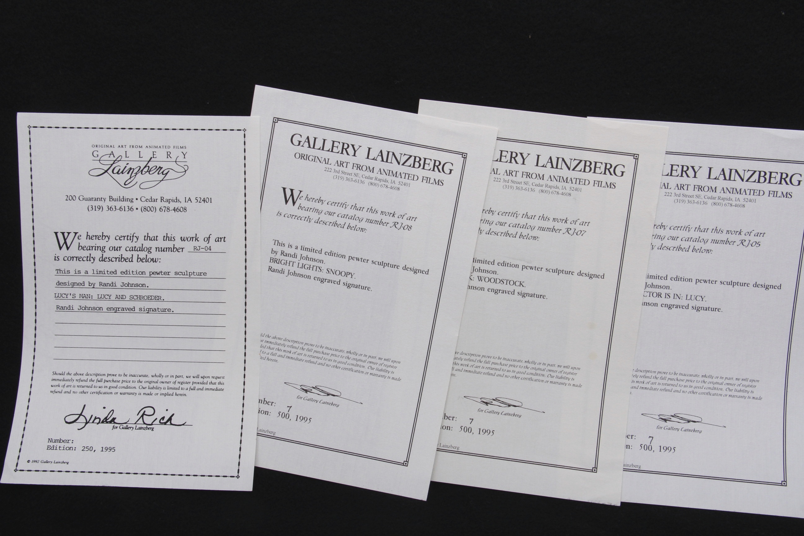 Limited Edition Randi Johnson Snoopy, Lucy and Woodstock Pewter Sculptures