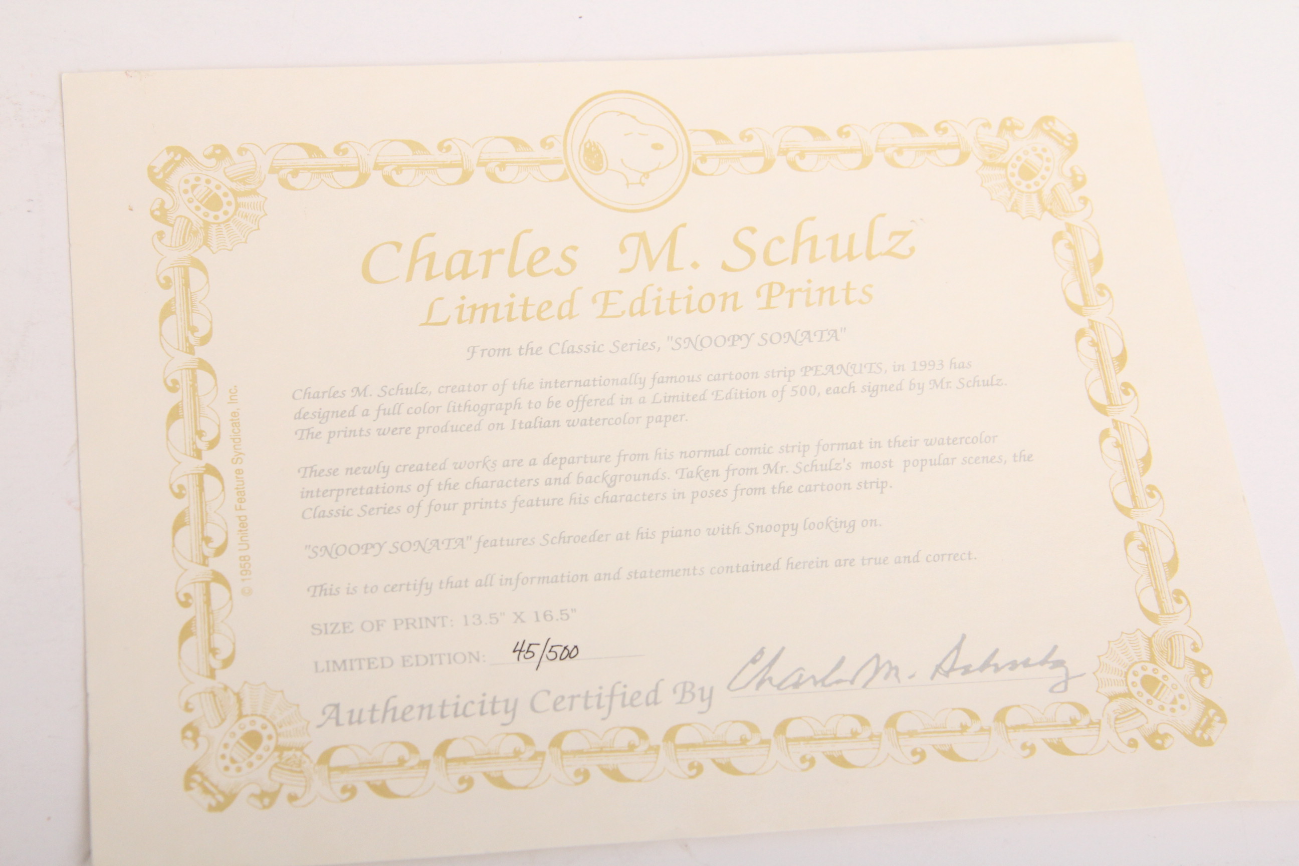 Limited Edition Signed Charles Schulz Lithograph "Sonata"
