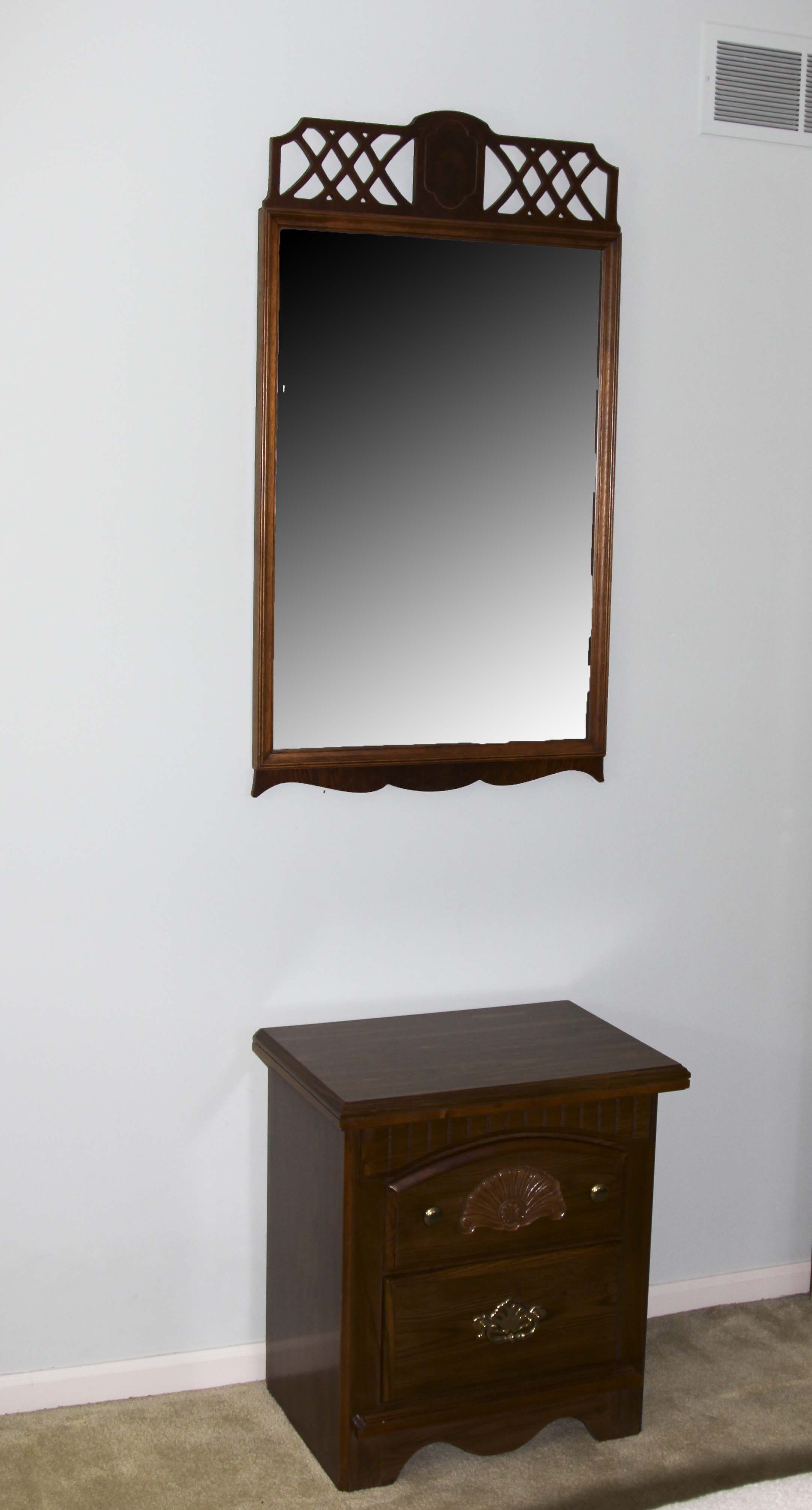 Wood Nighsttand and Wall Mirror