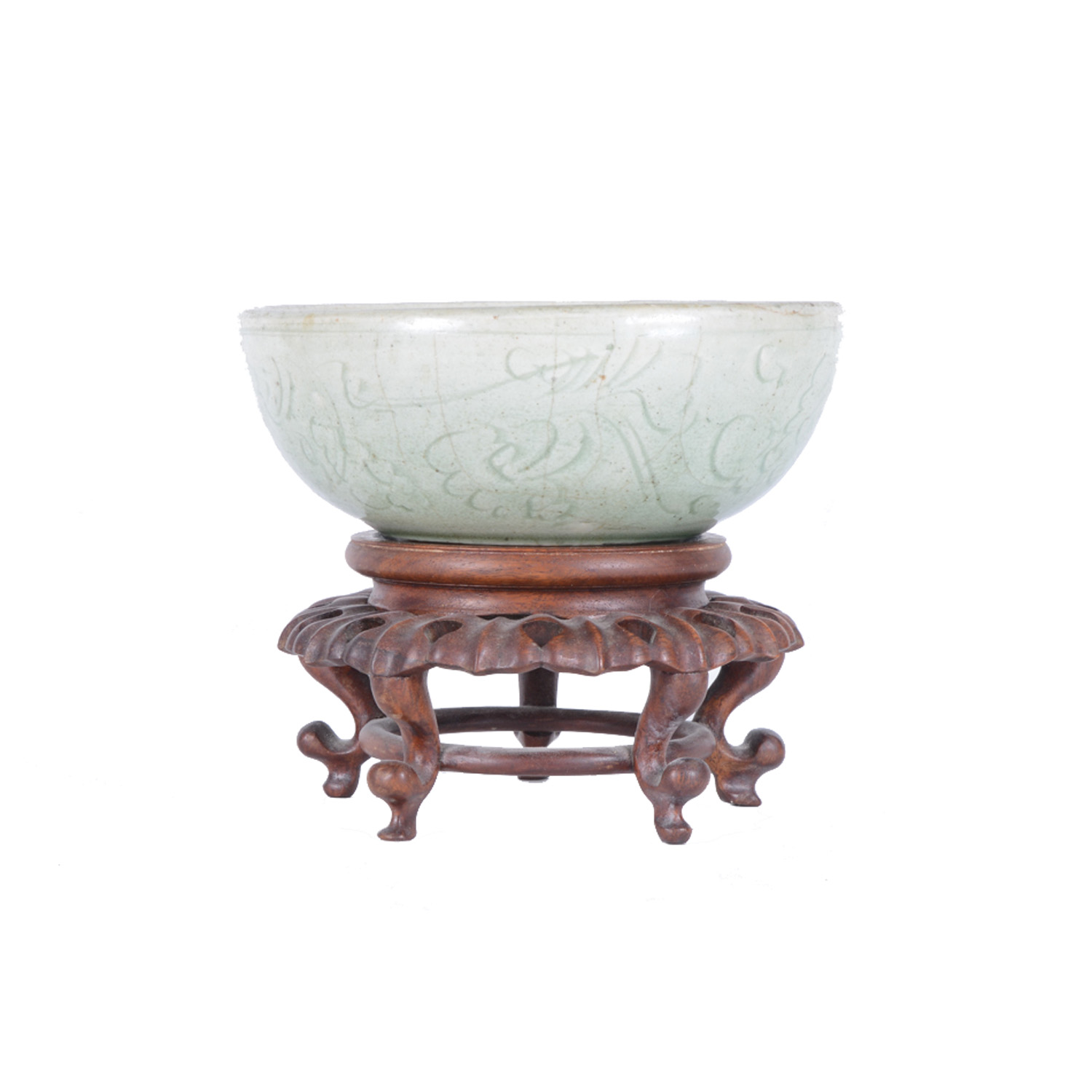 Chinese Ceramic Bowl with Wooden Stand