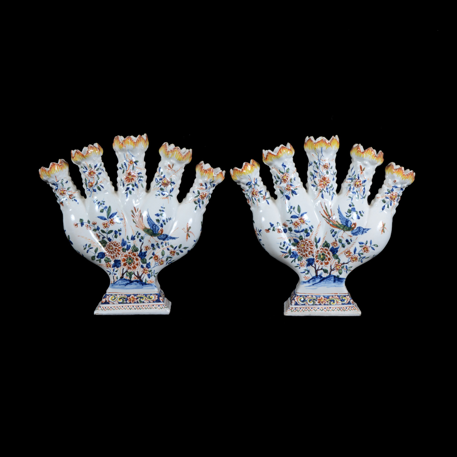 Pair of Vintage Polychrome Tulipiere Faience Vases