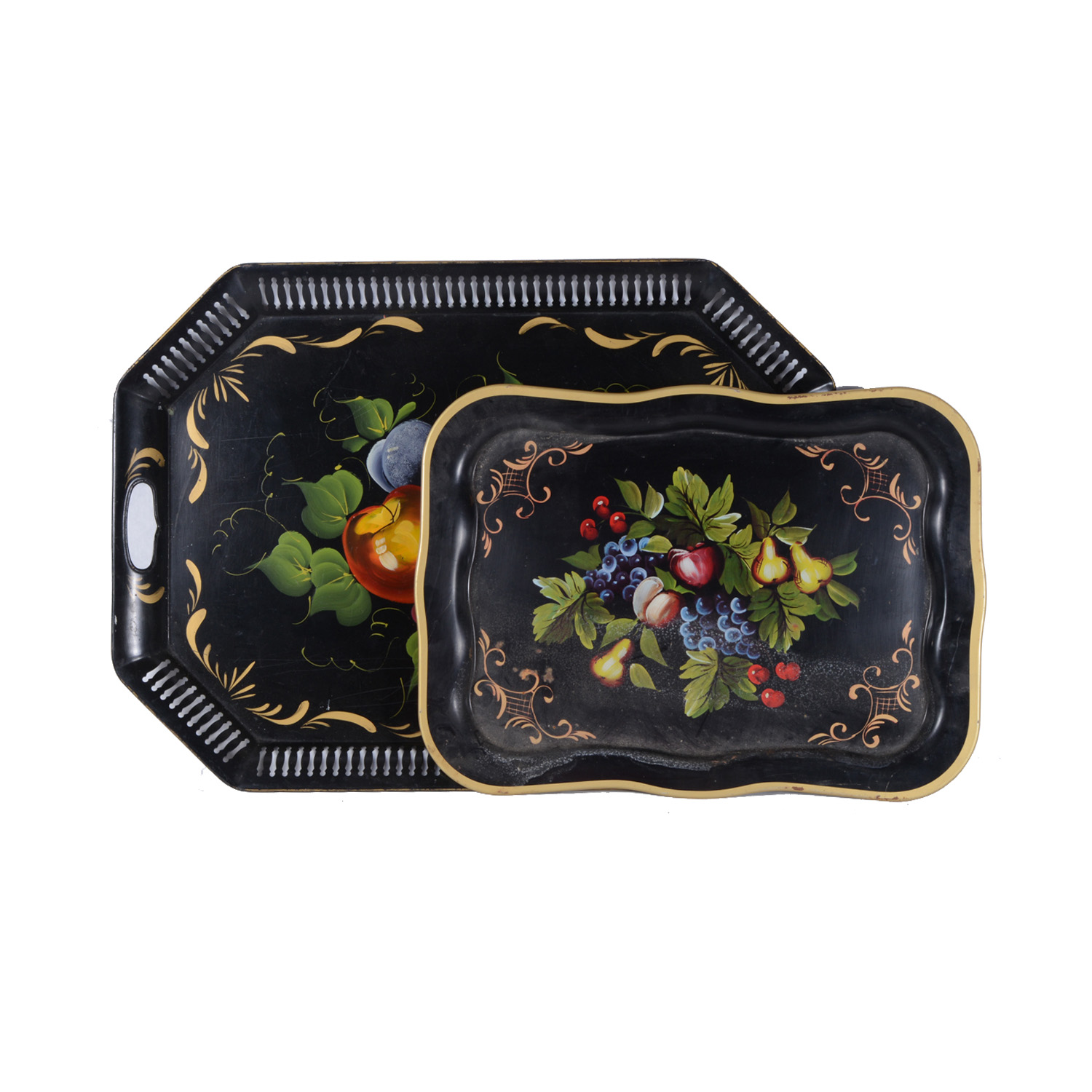 Pair of Tole Metal Trays with a Fruit Motif