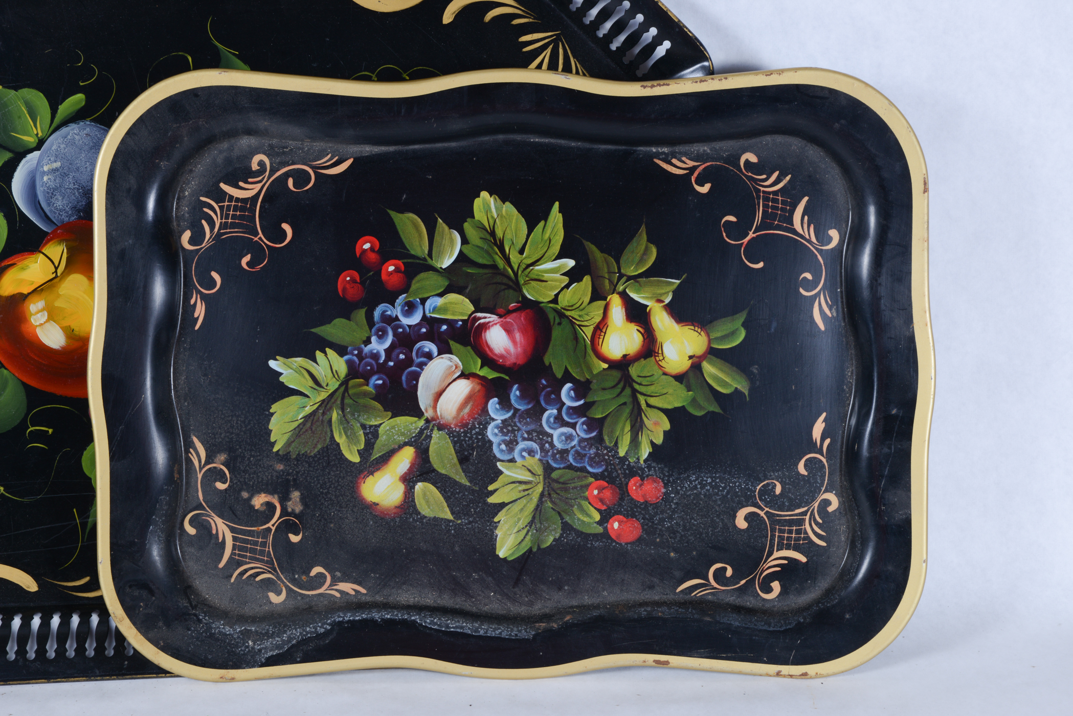 Pair of Tole Metal Trays with a Fruit Motif
