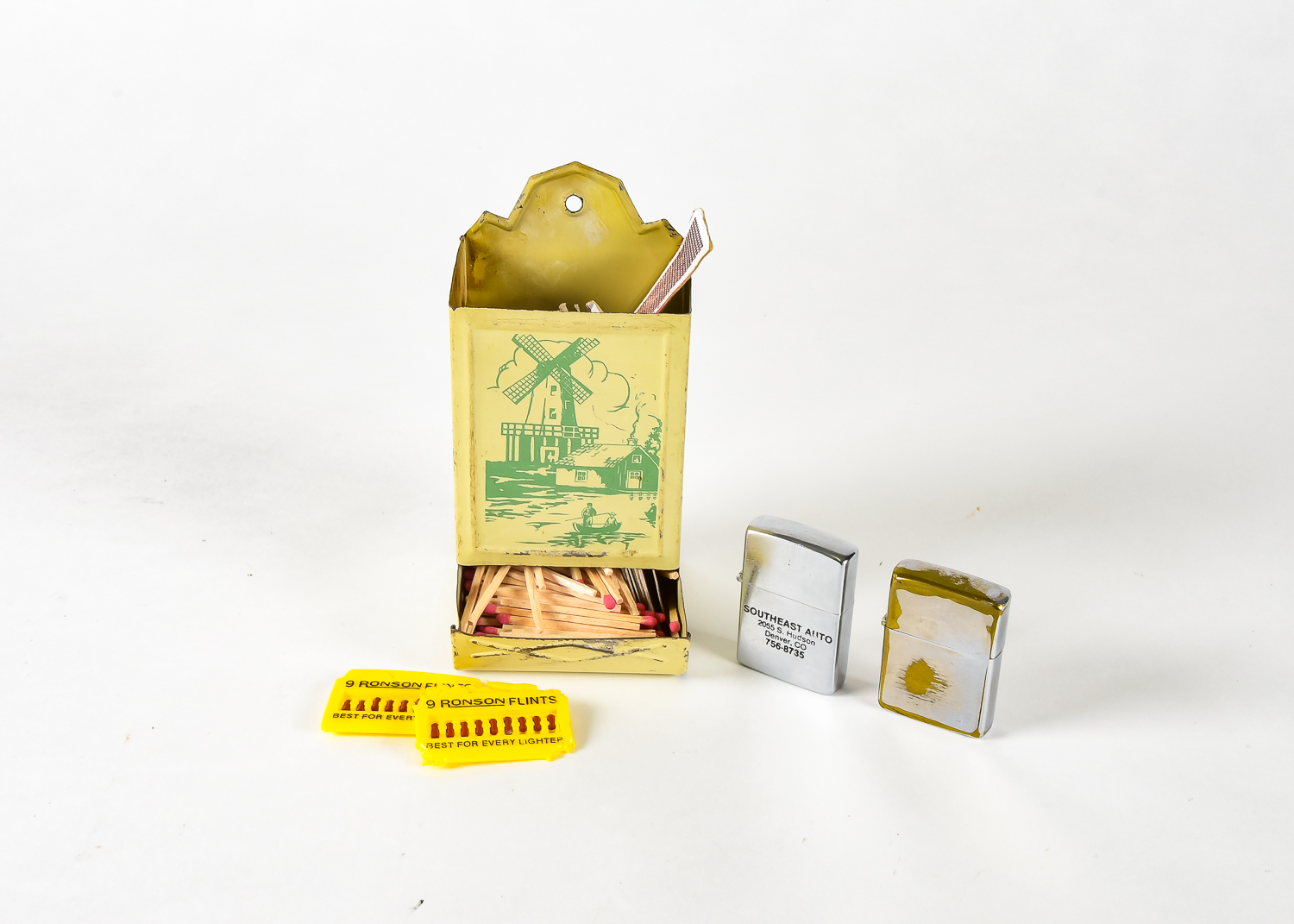 Vintage Metal Match Holder and Zippo Lighter Set