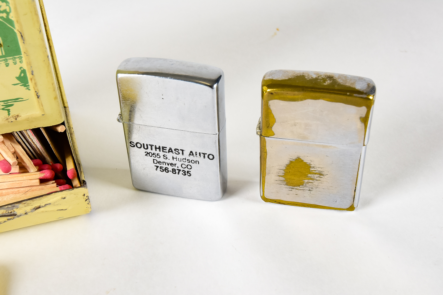 Vintage Metal Match Holder and Zippo Lighter Set