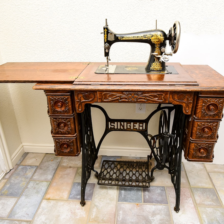 Ornate Antique Singer Sewing Machine and Table