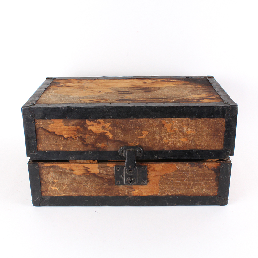 Antique Wooden Doll Trunk with Metal Framing
