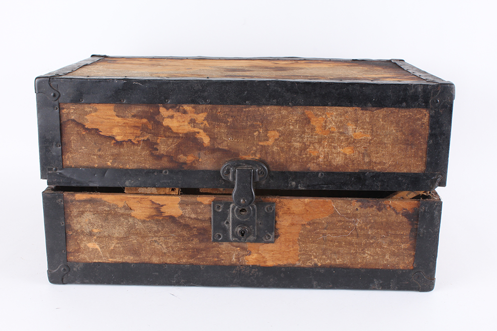 Antique Wooden Doll Trunk with Metal Framing