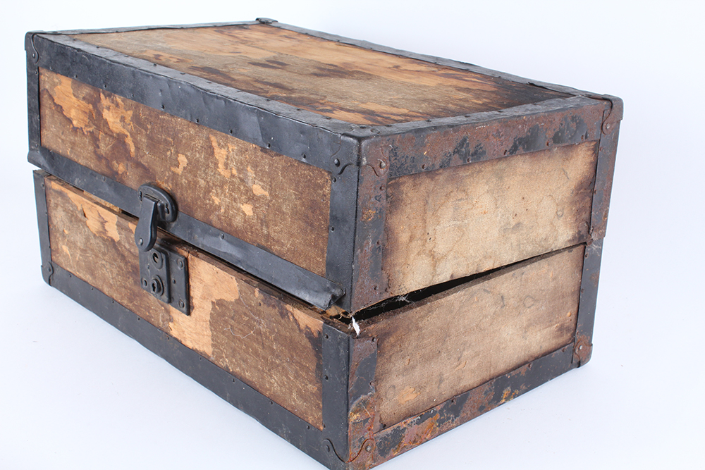 Antique Wooden Doll Trunk with Metal Framing
