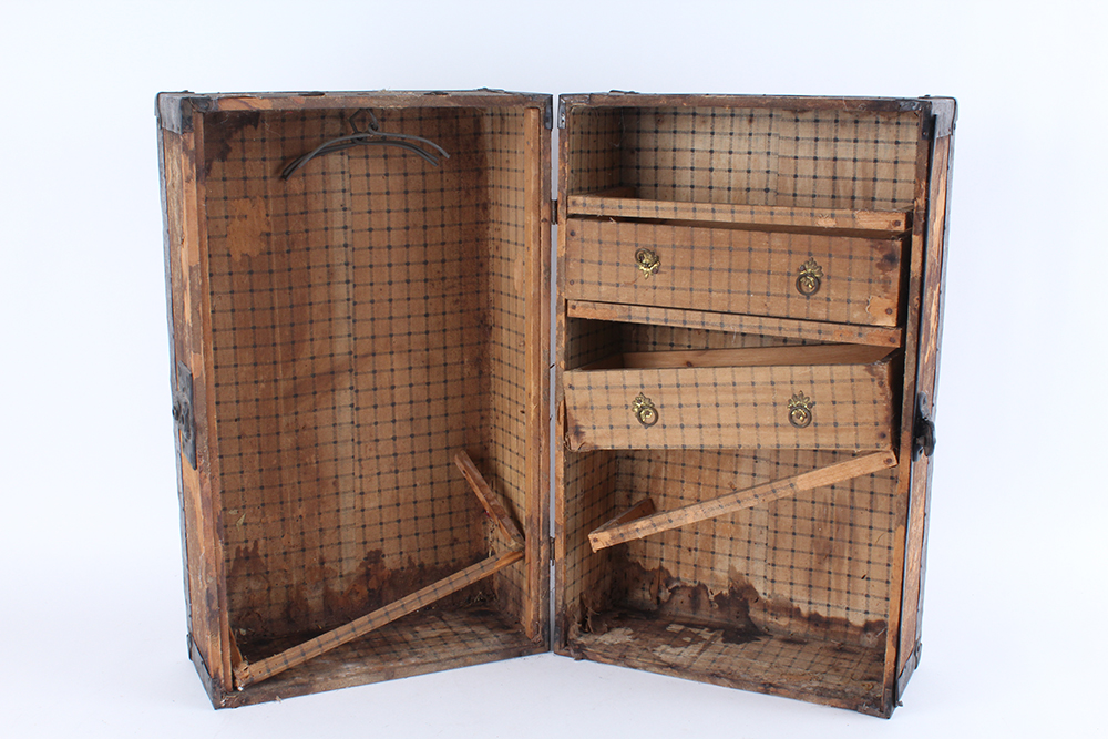 Antique Wooden Doll Trunk with Metal Framing
