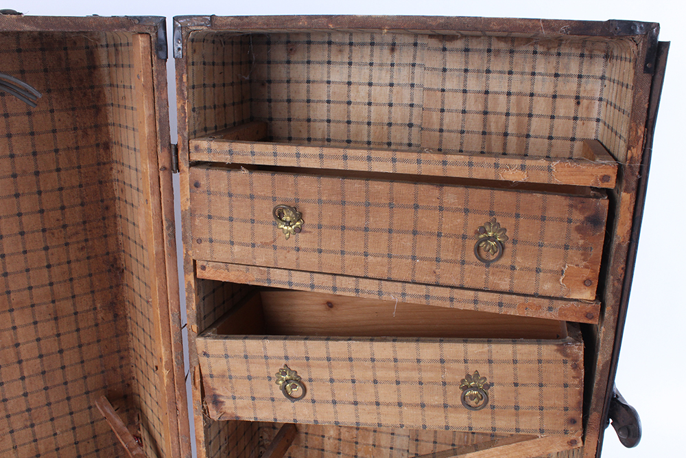 Antique Wooden Doll Trunk with Metal Framing