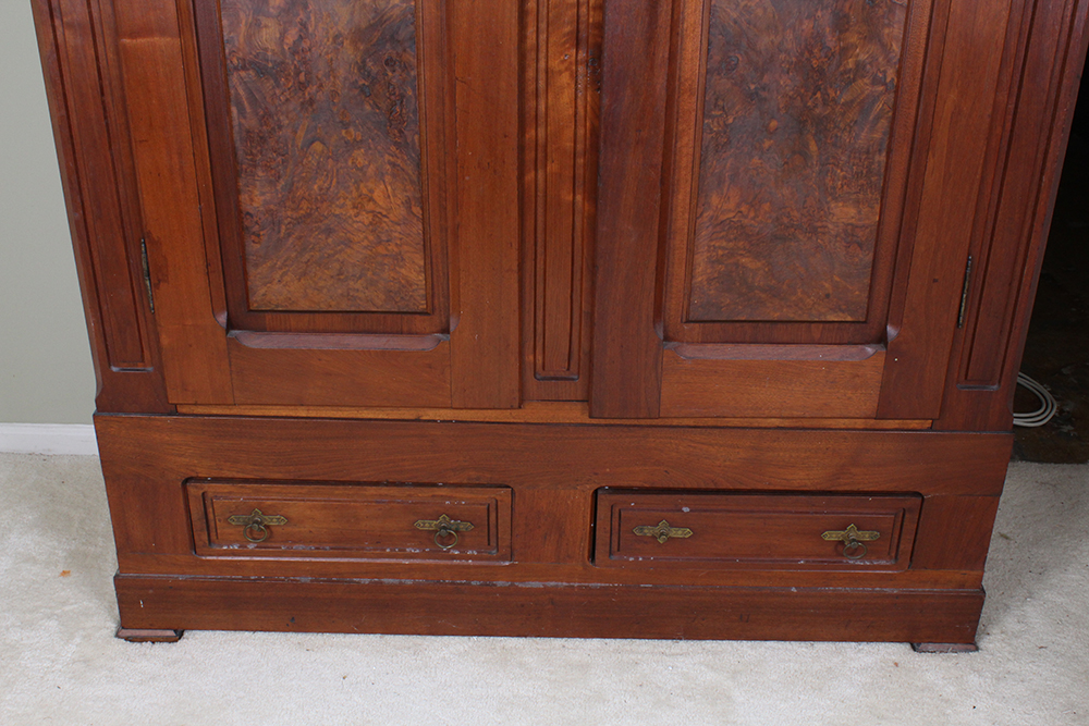French Empire Walnut Wardrobe with Burled Panels