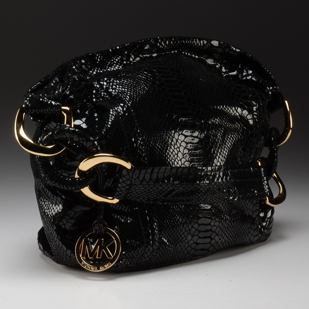 Michael Kors Textured Embossed Snakeskin Black Leather Handbag