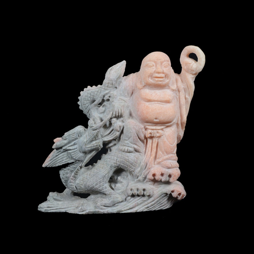 Chinese Hand-Carved Stone Figurine of Buddha and Dragon