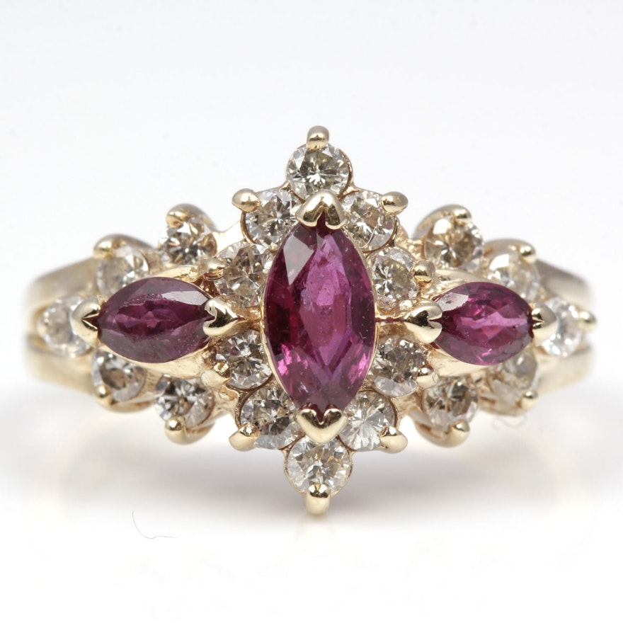 14K Yellow Gold 1.20 Carat Diamond and Ruby Ring