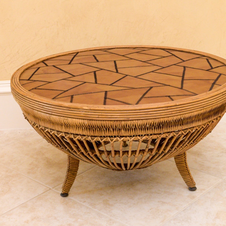 Drum Table with Leather Top and Rattan Base