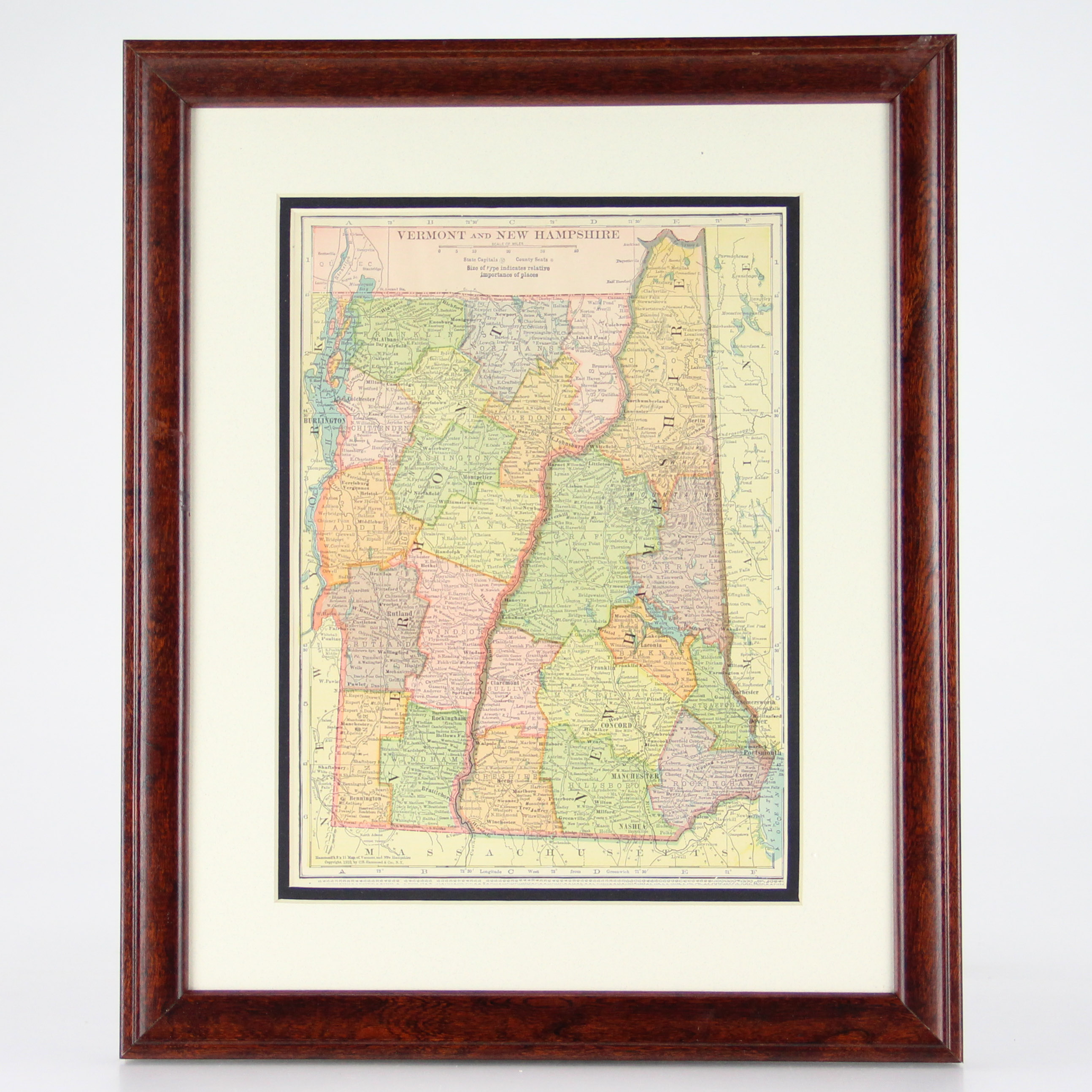 Original 1910 Map of Vermont and New Hampshire