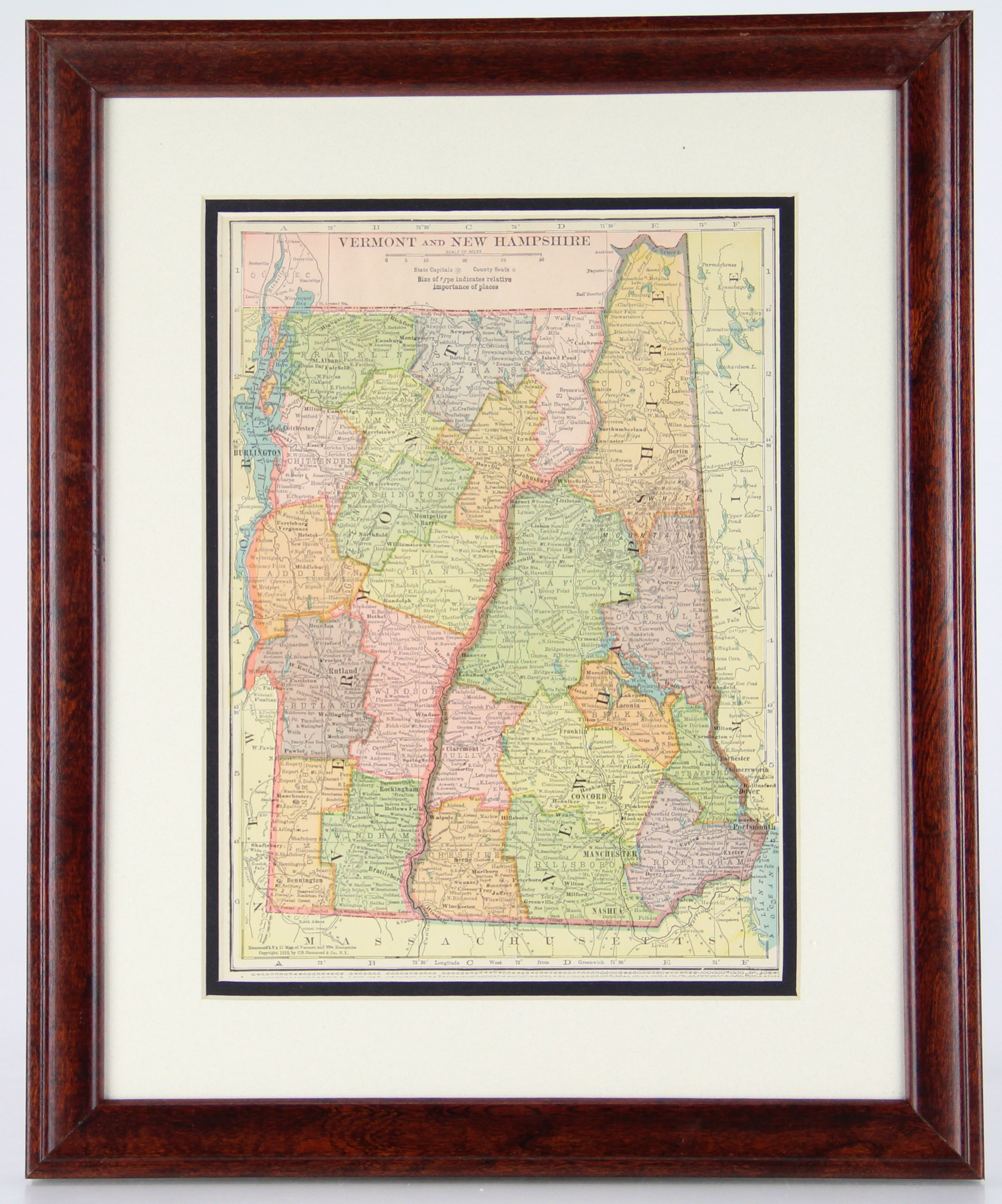 Original 1910 Map of Vermont and New Hampshire