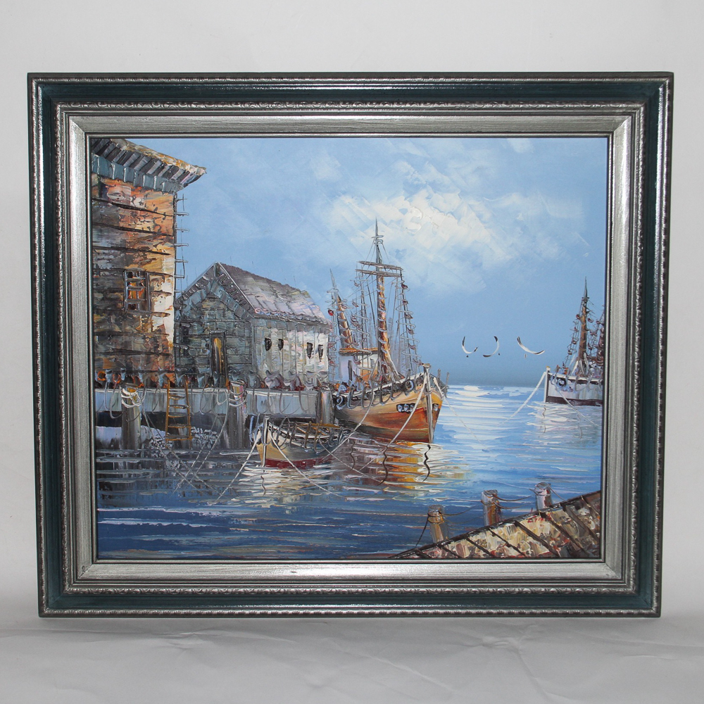 Framed Oil on Canvas Painting of Pier and Ships