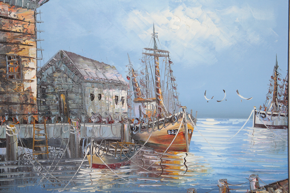 Framed Oil on Canvas Painting of Pier and Ships