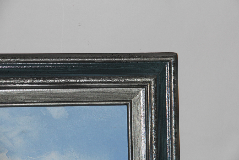 Framed Oil on Canvas Painting of Pier and Ships