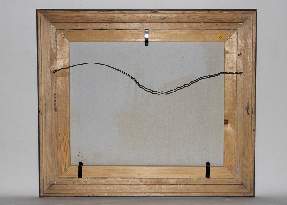 Framed Oil on Canvas Painting of Pier and Ships