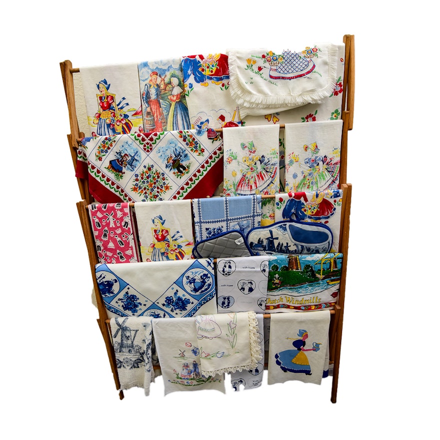 Vintage Wood Rack with Collection of Dutch Tea Towels