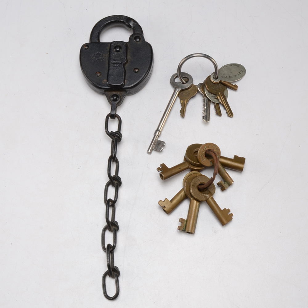 Vintage Collection of Railroad Padlock Keys and a Railroad Padlock