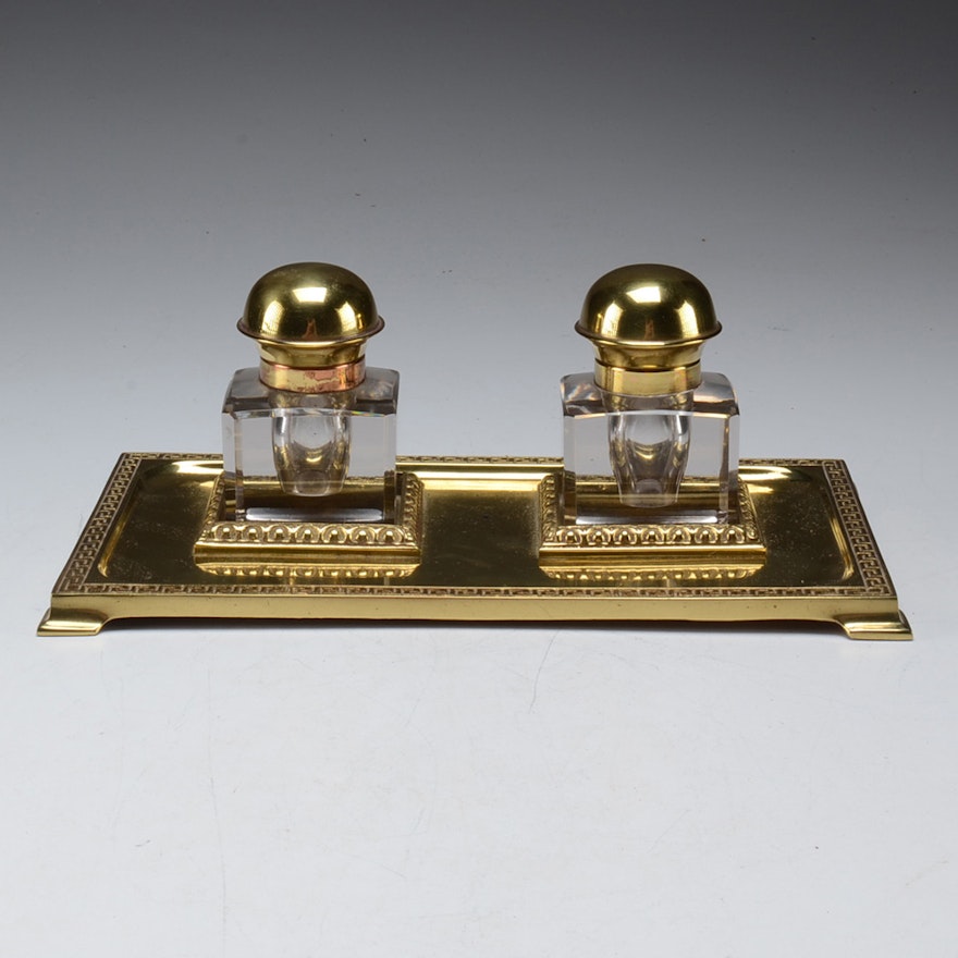 Art Deco Brass and Glass Double Inkwell Set