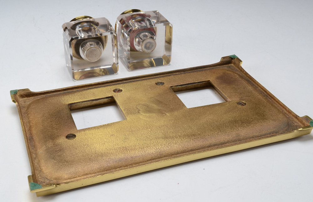 Art Deco Brass and Glass Double Inkwell Set