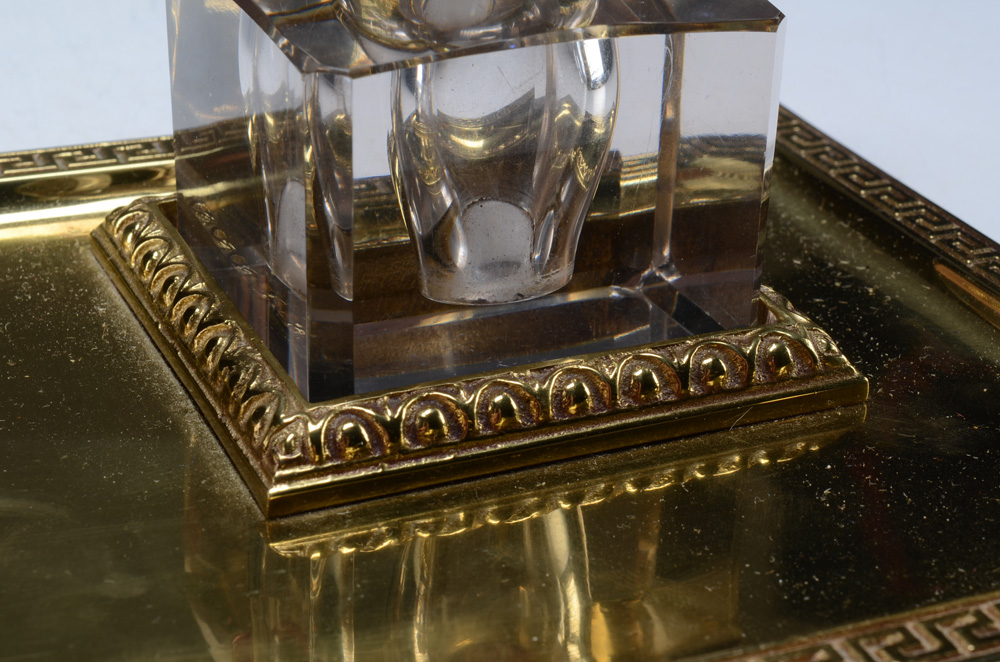 Art Deco Brass and Glass Double Inkwell Set